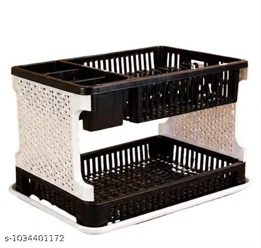 2-Tier Plastic Dish Drying Rack & Kitchen Utensil Organizer – Black & White