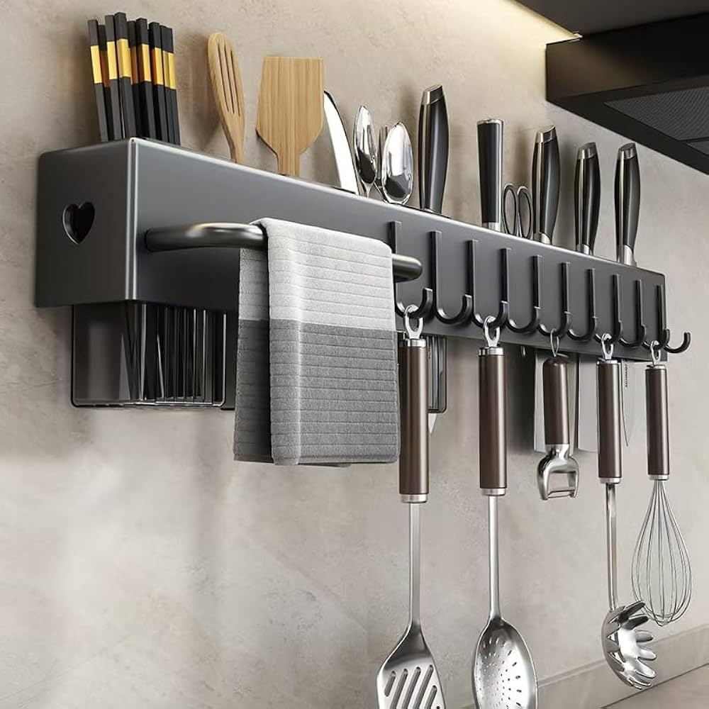 Multi-Purpose Wall Mounted Kitchen Utensil Organizer Rack with Hooks & Towel Holder
