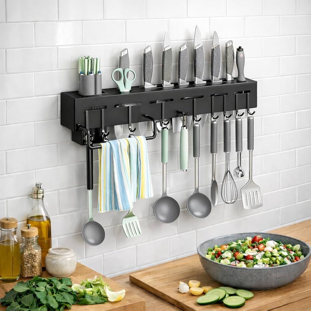 Multi-Purpose Wall Mounted Kitchen Utensil Organizer Rack with Hooks & Towel Holder