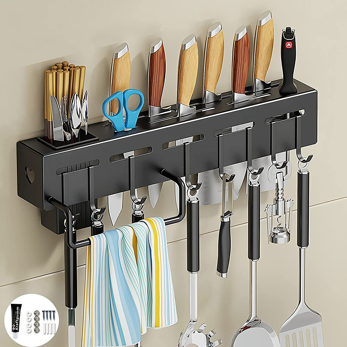 Multi-Purpose Wall Mounted Kitchen Utensil Organizer Rack with Hooks & Towel Holder