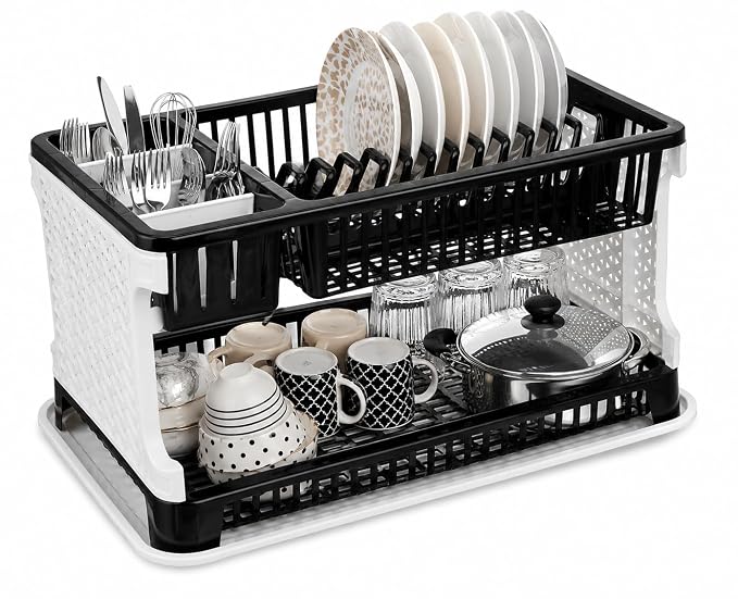 2-Tier Plastic Dish Drying Rack & Kitchen Utensil Organizer – Black & White