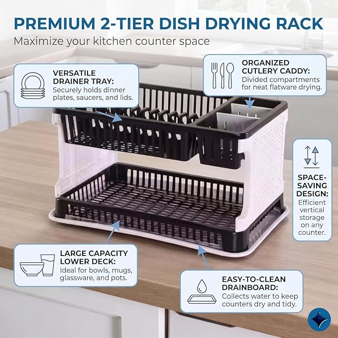 2-Tier Plastic Dish Drying Rack & Kitchen Utensil Organizer – Black & White
