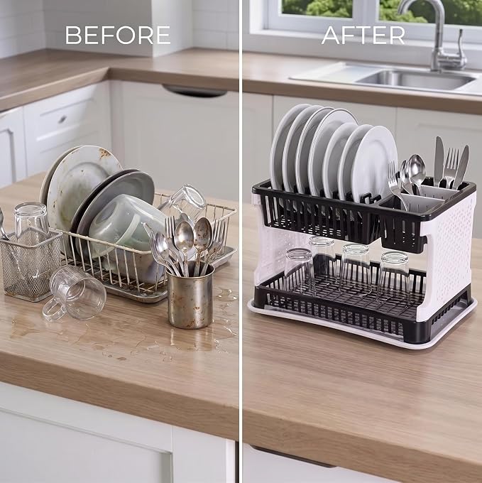 2-Tier Plastic Dish Drying Rack & Kitchen Utensil Organizer – Black & White