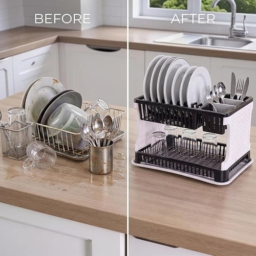 2-Tier Plastic Dish Drying Rack & Kitchen Utensil Organizer – Black & White